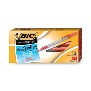 BIC Round Stic Grip Xtra Comfort Ballpoint Pen, Stick, Fine 0.8 mm, Red Ink, Gray/Red Barrel, Dozen